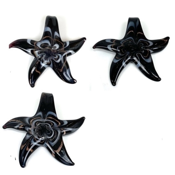 Three Glass Starfish Black Gold and White Necklace Pendant - Picture 1 of 15